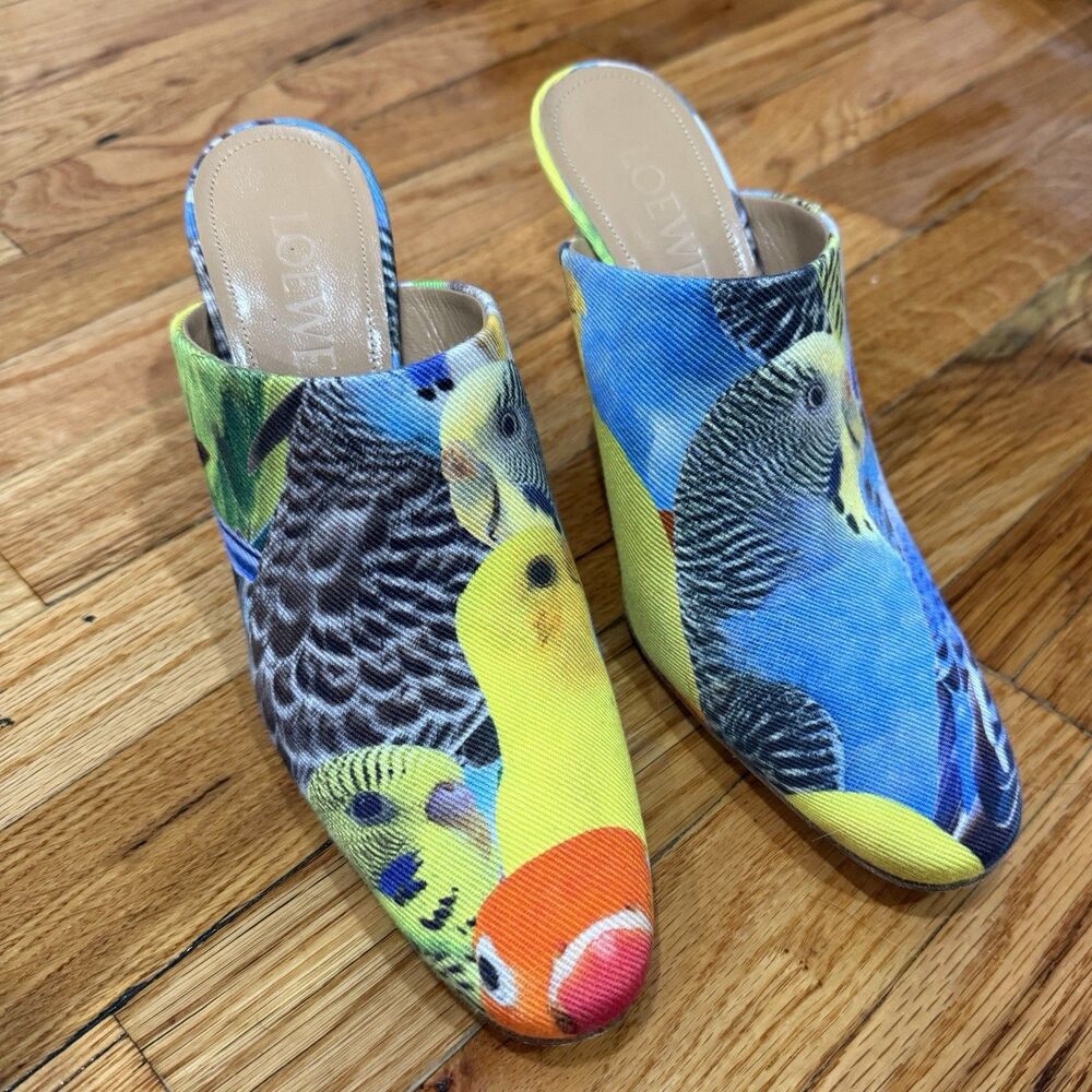 Loewe Parrot Cotton Stiletto Mules Resort Vacation Tropical 37 Multicolor 562201